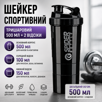 Шейкер спортивний тришаровий 500 мл + 2 додаткові відсіки Чорний протеїновий шейкер для спортивного харчування