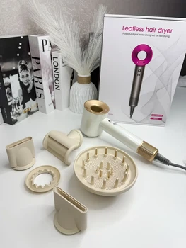 Фен Super Hair Dryer бело-золотой, бежевые насадки с ионизацией и турборежимом 5 насадок