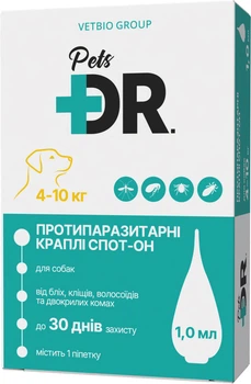 Противоразитарные капли для собак DR.Pets Спот-Он весом от 4 до 10 кг 1.0 мл (81288 / 4820206981288)