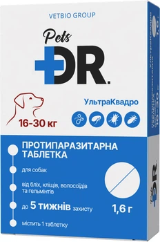 Противоразитарная таблетка для собак и кошек DR.Pets УльтраКвадро весом от 16 до 30 кг 1.6 г (81462 / 4820206981462)