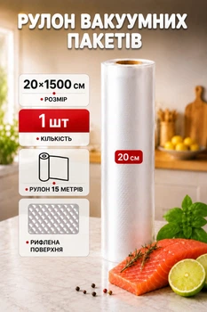 Пакеты для вакууматора рифленые пищевые, 1 рулон - 15 м, ширина 20 см. Пленка в рулоне для вакуумного упаковщика, для запайки и вакуумирования сухих и влажных продуктов. Вакуумный рулон для вакууматоров VacuumRolls_20*1500