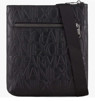 Сумка месенджер крос-боді через плече чоловіча Armani Exchange чорна з тисненим логотипом