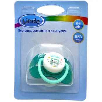 Пустушка латексна, з прикусом (від 0 до 6 міс) зелена сова Lindo (258711)