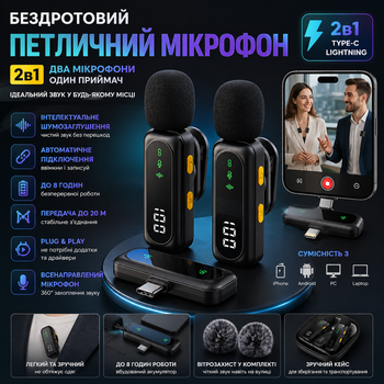 Беспроводной петличный микрофон 2в1 (2 шт) - Type-C/Lightning, шумоподавление, 8 ч, для iPhone/Android/ПК