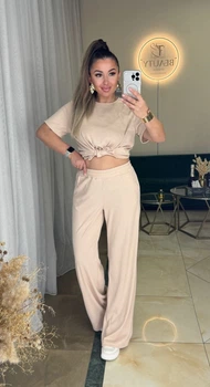 Жіночий костюм в рубчик (штани+футболка) Uaclothes 50 Бежевий (like38206-186381358)