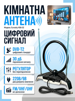 Цифровая антенна Т2 Eurosky HDA-02 с усилителем 30дБ Комнатная всеволновая телевизионная антенна Антенна для телевизора цифрового и аналогового ТВ