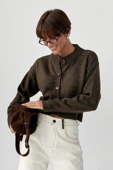 Теплый вязаный короткий кардиган Lurex Темный коричневый One Size (257003)