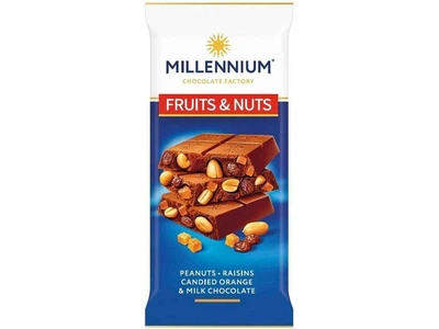 Шоколад молочний MILLENNIUM 90г Fruits&Nuts з арахісом, з бісквіт., курагою та мигдалем 90г