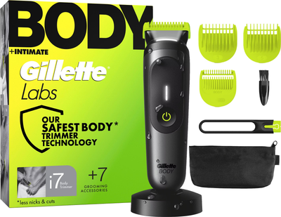 Триммер для тела и интимной зоны Gillette Labs Body + Intimate i7 с подсветкой (триммер, 3 насадки, станция, чехол, держатель)