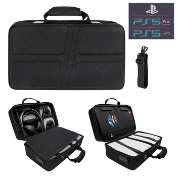 Дорожная сумка-чехол JYS для переноски игровой консоли PS5 Slim / PS5 Pro (Digital Edition/Disk Drive) | Два контроллера-геймпада DualSense / DualSense Edge | Наушники Sony PlayStation PS5 Pulse 3D | Пульт-кабеля | Водонепроницаемый материал кейса