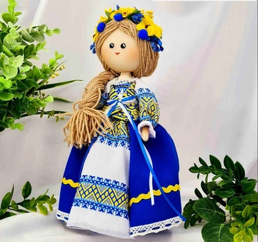 Українська лялька подарункова Prezent Дівчинка Українка у вишиванці, віночці і синьому платті 27 см