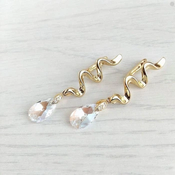 Сережки Hand Made позолочені з кристалами Swarovski у бежево-блакитних тонах