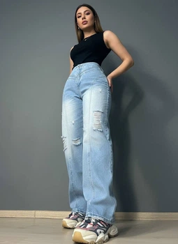 Джинсы женские Jeandia 369 straight fit на кокетке со швами рваные 34 голубые