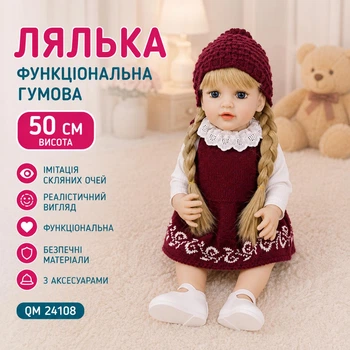 Лялька функціональна гумова 50 см імітація скляних очей з аксесуарами пустушка/пляшечка/памперс/взуття/капелюшок QM 24108 (i7-184138)