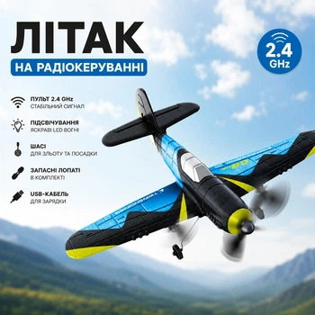 Літак на радіокеруванні USB-кабель, шасі, запасні лопаті, пульт 2.4 GHz, підсвічування (i7-180074)
