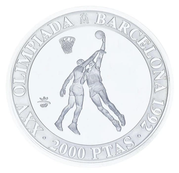 Монета Испания 2000 песет 1990 Серебро Proof XXV летние Олимпийские игры в Барселоне в 1992 году - Баскетбол
