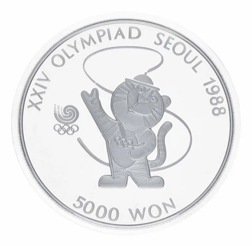 Монета Південна Корея 5000 вон 1986 Срібло Proof XXIV літні Олімпійські ігри в м. Сеул 1988 - Талісман