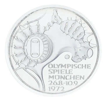 Монета Германия 10 марок 1972 Серебро Proof XX летние Олимпийские игры в г. Мюнхен - Стадион (Ag 625, 15,5 грамм)