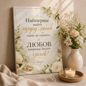 Картина на холсте с библейской надписью, подарок на свадьбу, декор для дома молодоженов "Прежде имейте любовь" - 1 Петра 4:8", размер 30х40 см.