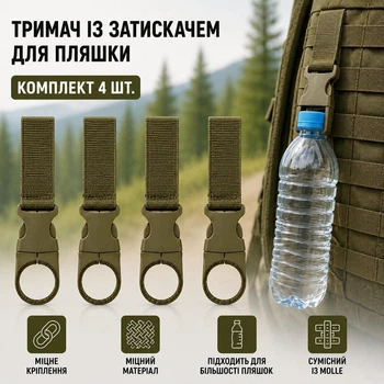Набір туристичних карабінів-тримачів для пляшки Vayro CS 4 шт. олива — для ременя, рюкзака, керма велосипеда, самоката, коляски та MOLLE-системи