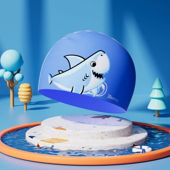 Дитяча шапочка для плавання YOUYOU еластична силіконова водонепроникна Baby Shark (Весела акула) блакитна