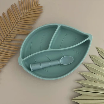 Набір ONE.T.T секційна тарілка Ficus Leaf та ложка Bamboo блакитний