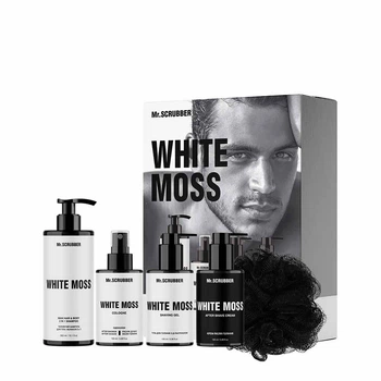 Мужской набор Mr.SCRUBBER White Moss для ухода: Шампунь 2в1 White Moss, 300 мл + Гель для бритья White Moss, 100 мл + Крем после бритья White Moss, 100 мл + Одеколон White Moss, 100 мл + Мочалка