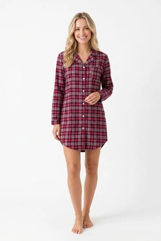 Ночная рубашка женская в клетку ⬩ теплая фланелевая One size ⬩ Маршмелоу Bsailen ⬩ бордовая