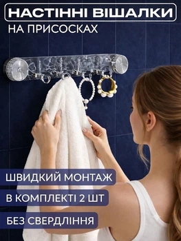 Настінна вішалка гачки на планці на присосках (2шт) 40см прозора