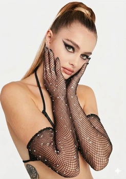 Вечірні рукавички в сітку з декором "сяючі камінці" honey fashion accessories S/M/L чорний (7-34)