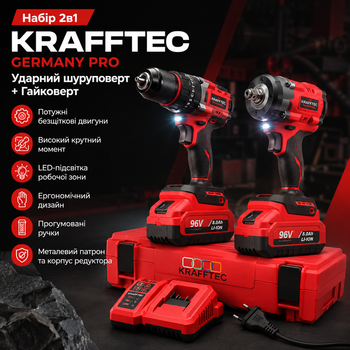 Набор 2-в-1 Krafftec Germany PRO Ударный шуруповерт + Гайковерт, 96V, 8Ah