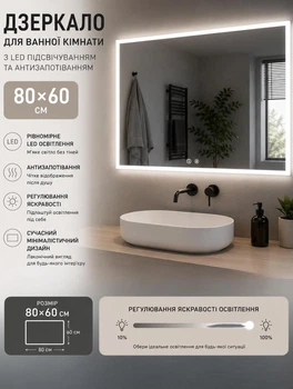 Дзеркало для ванної кімнати з LED підсвічуванням 80х60 см прямокутне настінне дзеркало з підсвічуванням для коридору та ванної кімнати з сенсорним керуванням та захистом від запотівання