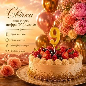 Свечка для торта цифра "9" (золото)