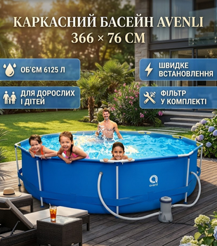 Каркасний басейн круглий Avenli 366×76 см 6125 л з фільтром насосом накриттям та підстилкою для дорослих і дітей