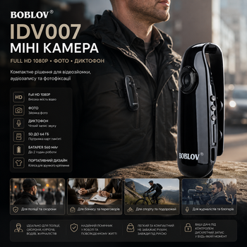 Мини камера Boblov IDV007 Full HD 1080P с диктофоном, фото, датчиком движения, клипсой и поддержкой microSD до 64 ГБ
