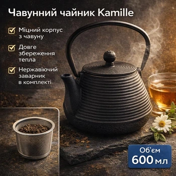 Чайник из чугуна 600 мл Kamille с заварником из нержавеющий стали KM-4830 Чорный