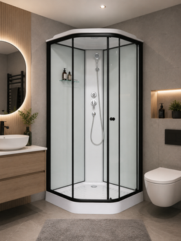 Душовий бокс INSANA Linda 90×90×215 см, п'ятикутний, з мілким піддоном 15 см, чорний профіль, прозоре та біле скло