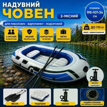 Надувная лодка 2-местная 195×107×34 см с насосом веслами и подушками комплект для рыбалки и отдыха