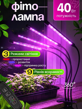 Фітолампа світлодіодна LED лампа для росту рослин на прищіпці фітосвітильник на 4 лампи для кімнатних квітів розсади орхідей фіто лампа