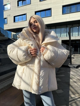Женская зимняя куртка молочная однотонная теплая L-XL (369561)