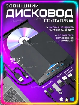 Внешний CD/DVD RW дисковод USB 3.0 хаб 7в1 Type-C оптический привод двд юсб с кардридером Micro SD для ноутбука MacBook компьютера ПК чтение запись дисков портативный для фильмов музыки и фото Windows MacOS Linux (LNP2031)