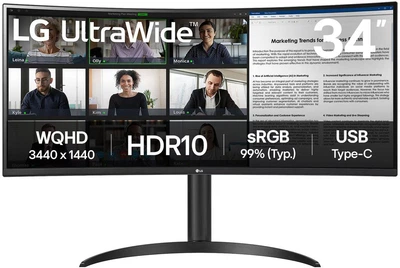 Монітор 34" LG 34WR55QK-B Curved UWQHD 100Hz (34WR55QK-B) 3440x1440 (Ultra-Wide 2K) VA 100 Hz