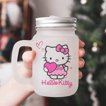 Чашка - банка для коктейлів з трубочкою матова з принтом Hello Kitty Хелоу Китті 430 мл (ХК230086)