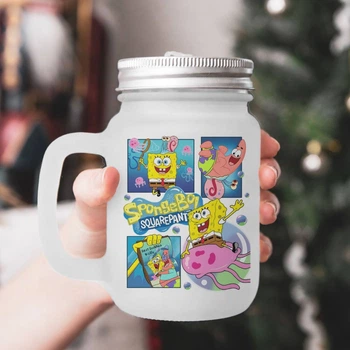 Чашка - банка для коктейлів з трубочкою матова з принтом SpongeBob SquarePants Губка Боб квадратні штани 430 мл (КУ230076)