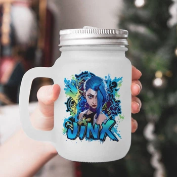 Чашка - банка для коктейлей с трубочкой матовая с принтом Arcane Jinx Аркейн Джинкс 430 мл (БА230108)
