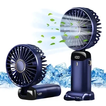 Ручной портативный вентилятор Led Digital Display Fan аккумуляторный USB с LED дисплеем, складной с подставкой, синий