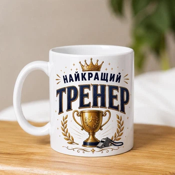 Біла керамічна чашка з написом для тренера "Найкращий тренер"