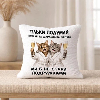 Плюшева подушка з написом "Ти тільки подумай, як би не та шарашкіна контора, ми б не стали подружками"