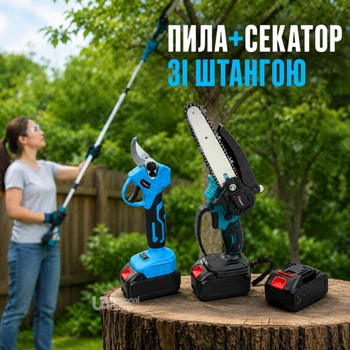 Пила-высоторез 6"+ секатор аккумуляторный с телескопической штангой и 3 аккумуляторами, набор беспроводных садовых инструментов 2в1 для обрезки деревьев и веток с длинной ручкой, AND-0435-Blue/Black