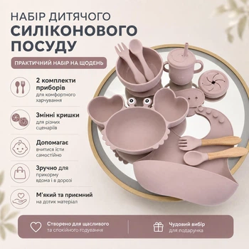 Набор детской силиконовой посуды для прикорма с тарелкой-крабом, миской, чашкой, нагрудником и приборами,. Розовый цвет